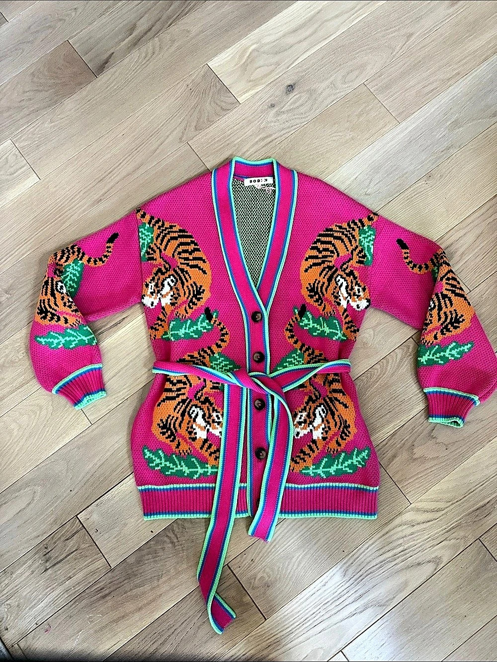 Boden Jacquard Belted Cardigan Tiger Pink & Green Small